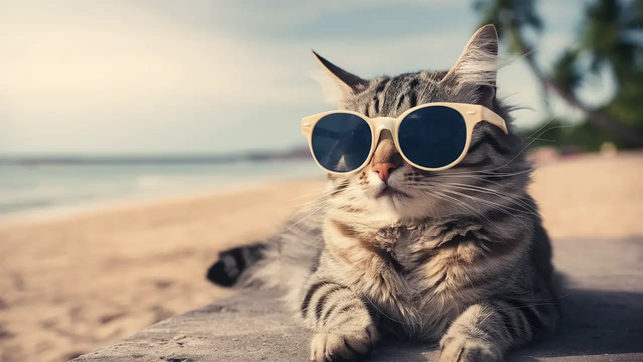 Flux.1 AI prompt a cat sit near the bech with sun glass, photo.