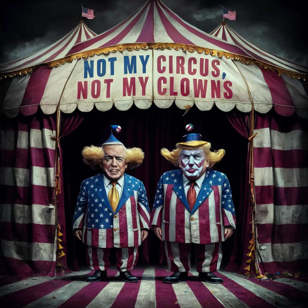 Flux.1 AI prompt Circus tent made out of a worn us flay with text that says not my circus not my clowns. With Biden and trump dressed as clowns in a suit made of the us flag.